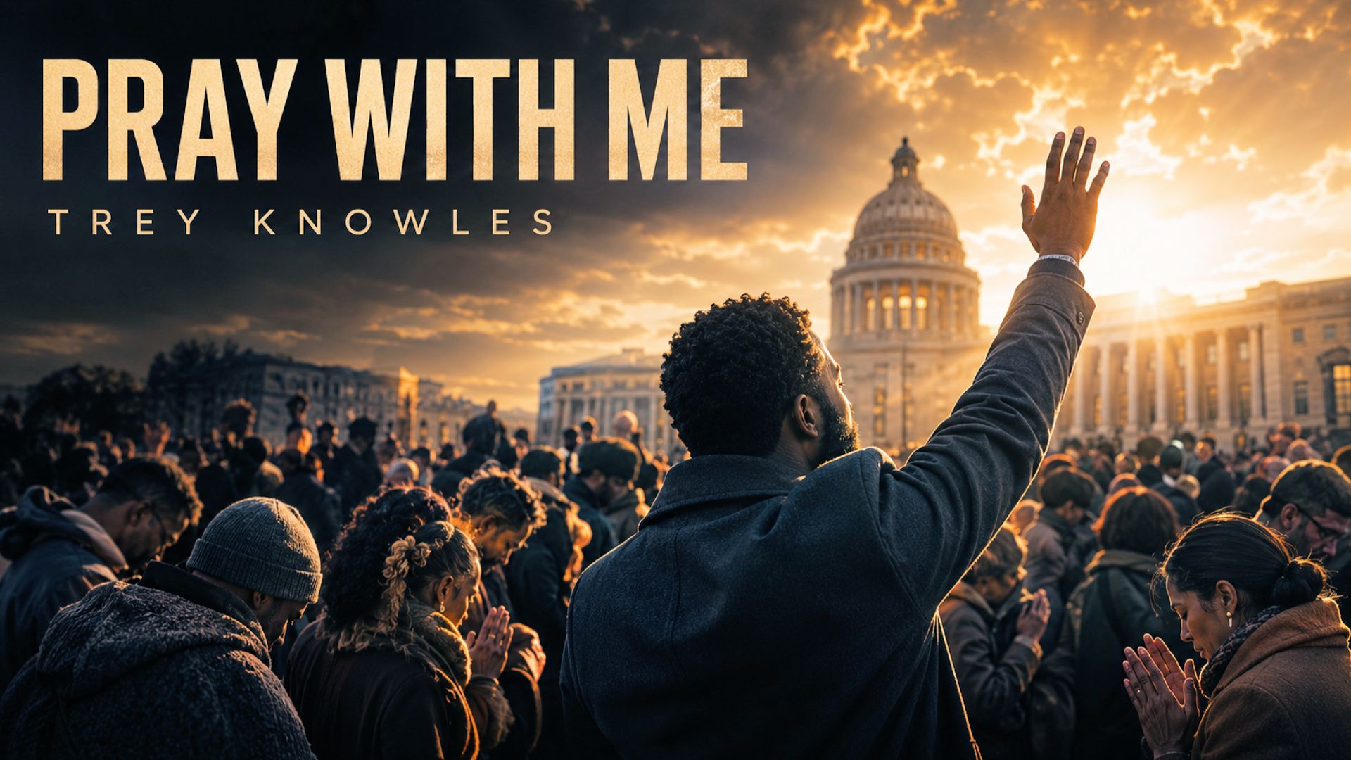 Pray with Me song cover by Trey Knowles, showing a community united in prayer